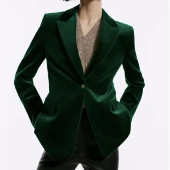 Zara Women Dark Green Velvet Lined 1 Button Single Breasted Blazer size Large - Picture 1 of 10